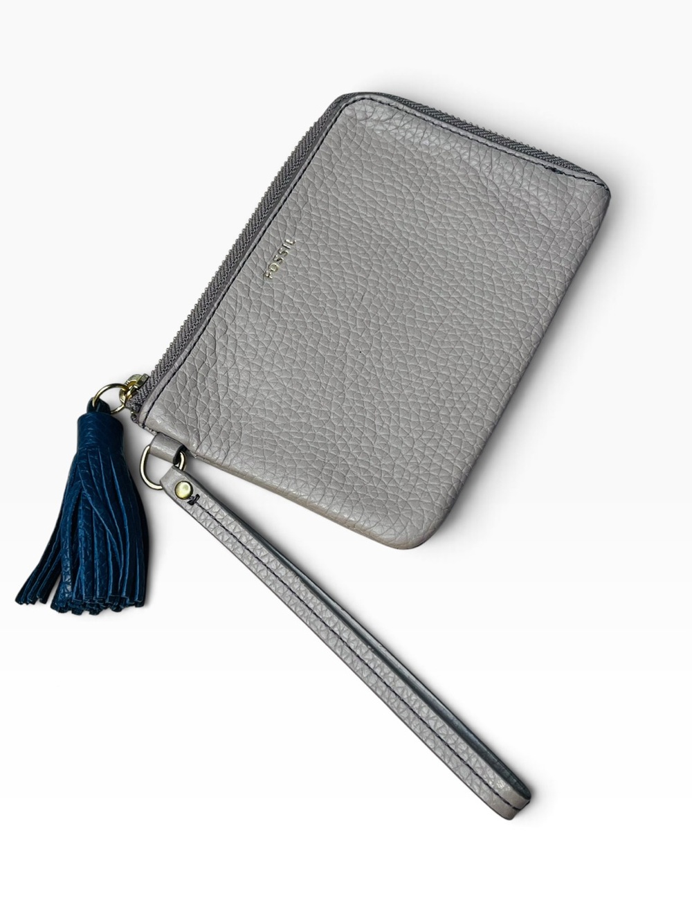 Fossil Gray Pebbled Leather Wristlet Coin Wallet with Navy Tassel